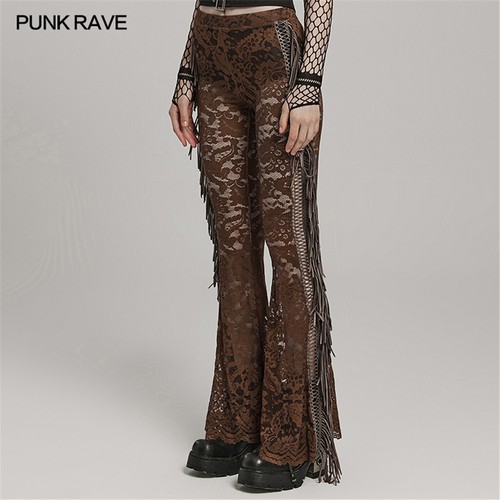 Punk Rave Mujeres Punk Sexy Calce Ajustado Pantalones Gótico Floral Malla Encaje Pantalones Acampanados - Imagen 19 de 29