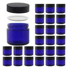 BPFY 24 Pack 2 oz Round Blue Glass Cosmetic Jars with Inner Liners 2oz 24Pack