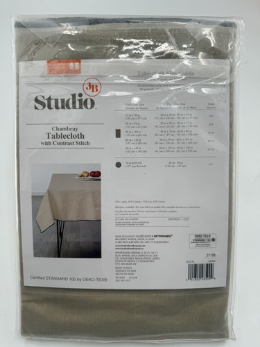 Tablecloth Studio 3B Chambray Contrast Stitch 52 X 70 Safari Rectangular NEW Tan - Picture 3 of 5
