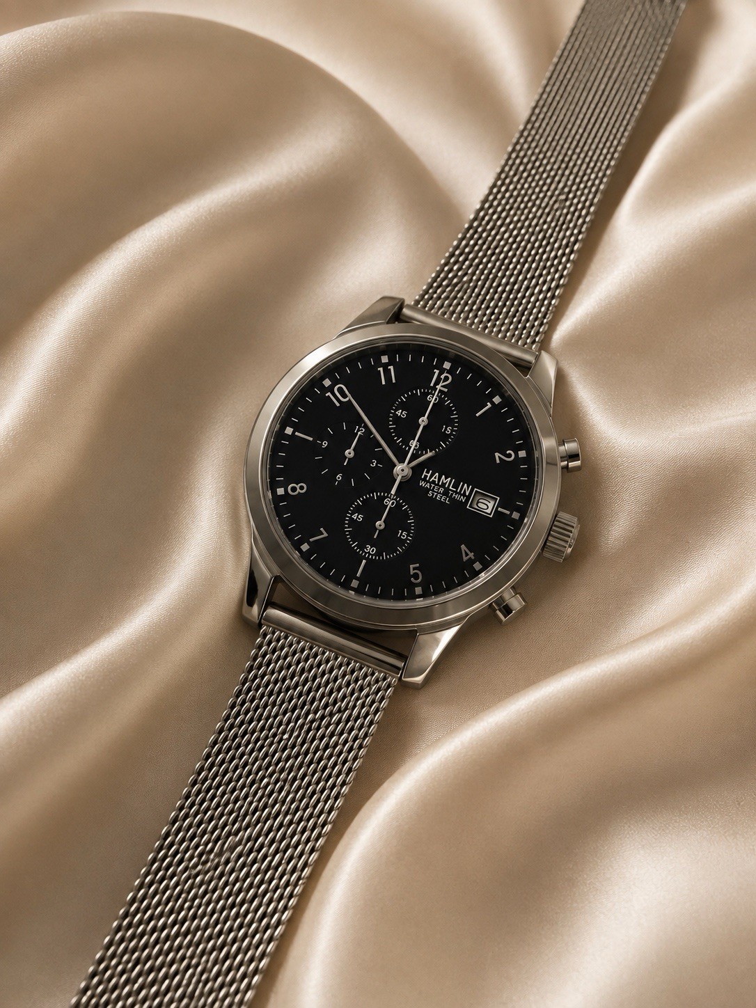 Hamlin Men’s Chronograph Watch – Black Dial – Silver Mesh Band – New
