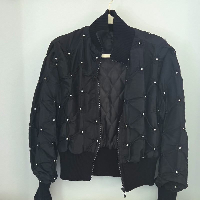Lovie Women's Black Nylon Rhinestone Full Zip Bomber Jacket Long Sleeve M