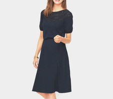 Talbots Eyelet Slub Fit & Flare Shirt Dress S Navy Pullover Short Sleeve NWT