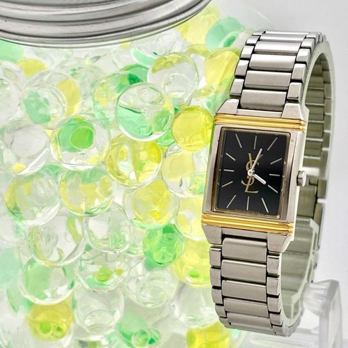 Saint Laurent Uhr Armbanduhr YSL Cassandra Schwarz Gold Silber Damen Auth