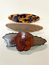 3 ct. VINTAGE 70s Wooden inlay intarsia  French Tortoise Shell HAIR BARRETTES