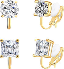 2 Pairs 8MM Cubic Zirconia Crystal Clip On Stud Earrings Non Pierced Stud Ear...