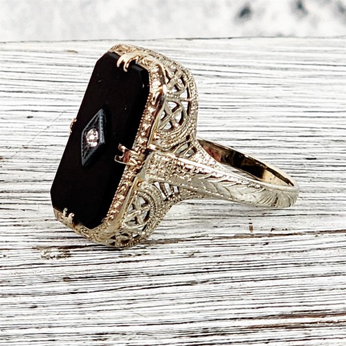 Antique Edwardian Belais 14K White Gold Onyx Diamond Ring 7 Filigree Luxury - Picture 2 of 8