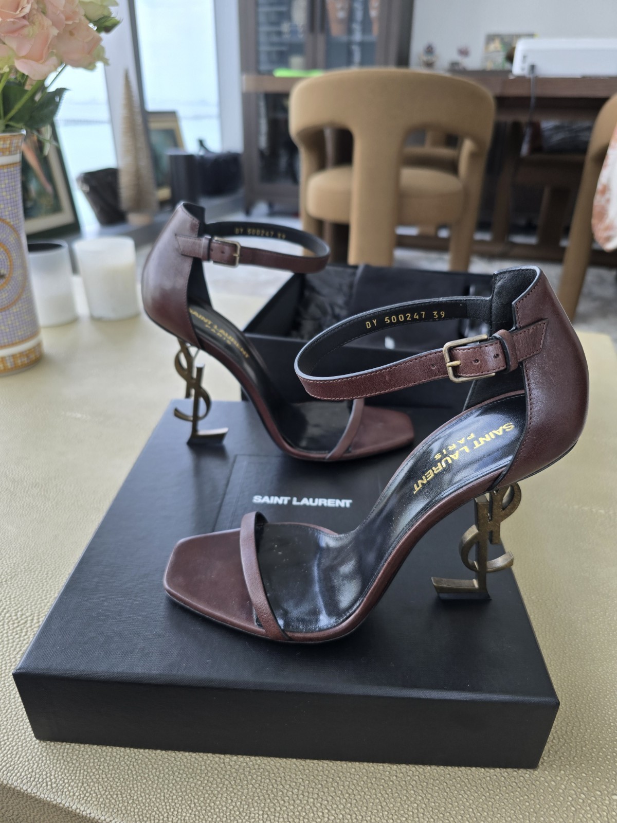 SAINT LAURENT SANDALI YSL MARRONI OPYUM PELLE TACCO MISURA (39)