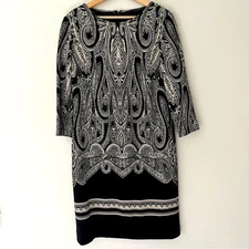 Carlisle Knit Dress Black Cream Paisley Long Sleeve Size 12 Classic Quiet Luxury