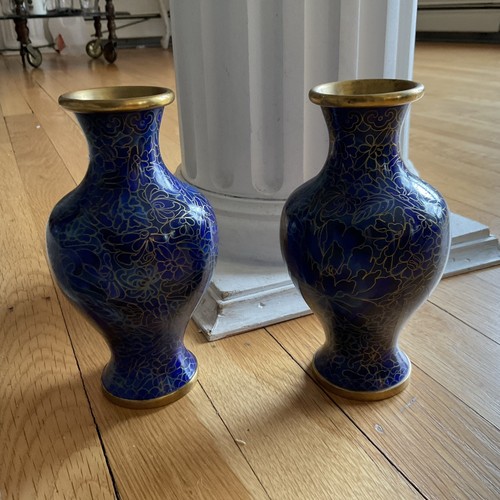 Pair 6.25 Inch Blue Cloisonne Chinese Vase Brass - Picture 4 of 6