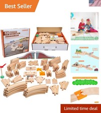 68-Piece Wooden Train Tracks Expansion Set with Exclusive Engine Barge  Bridge