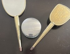Vintage Matching Gold Color England Vanity Set: Mirror, Brush USA Powder Jar