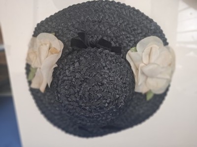 Antiker Vintage Hut mit breiter Krempe schwarz Stroh/Blumen Samtband Original 40er Jahre 