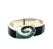 6.5” Taxco Mexico 925 Sterling Silver Onyx & Malchite Hinged Bangle Bracelet 55g