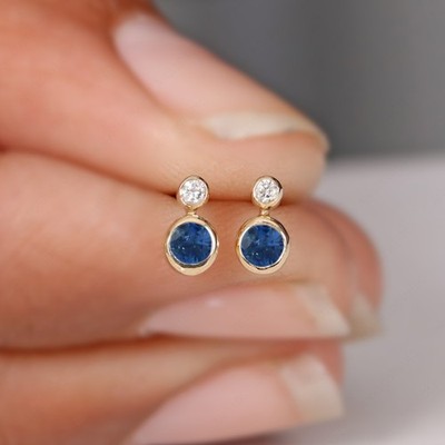Blue Sapphire & Diamond Tiny Stud Earrings, 14k Gold Minimalist Fine Jewelry