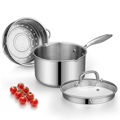 Tri-Ply Stainless Steel Sauce Pan with Steamer Basket & Straining Glass Lid  ...