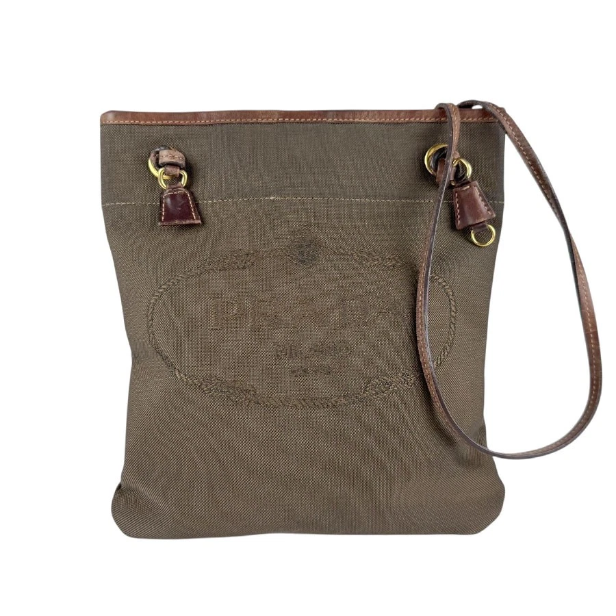 Echte PRADA Logo Jacquard Schultertasche braun Canvas/Leder/goldfarben - z6678