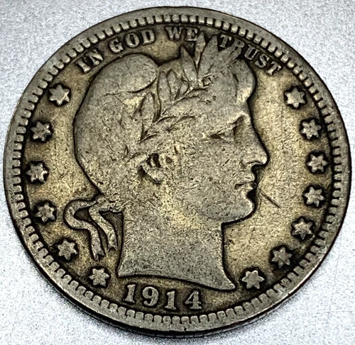 1914 P Barber Quarter Dollar 25 Cents Fine Condition - 1797