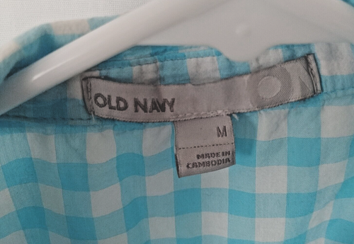 Old Navy Henley Style Blouse 4 Button Puff Short Slv Blue Gingham M (8) #14467 - Picture 3 of 4