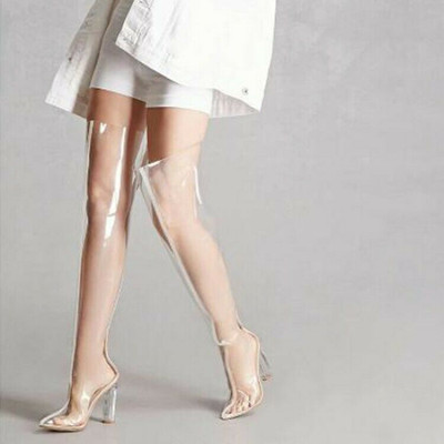 Damen Reißverschluss Pumps Blockabsatz Transparent Clear Schenkelhoch Stiefel 48