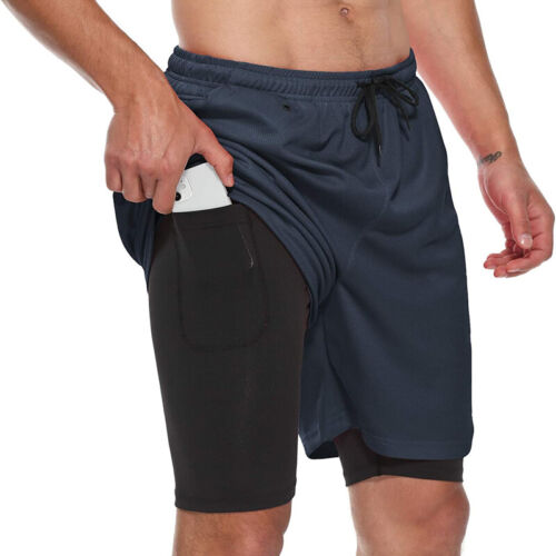 Men's 2 in 1 Shorts Workout Running Shorts Training Yoga Gym With Phone Pocket - Picture 15 of 30