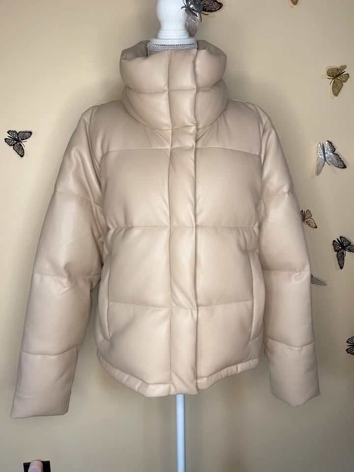 С RP $199 ☀️ New Abercrombie Faux Vegan Leather Coat Jacket Puffer XL Beige - Image 2 of 4