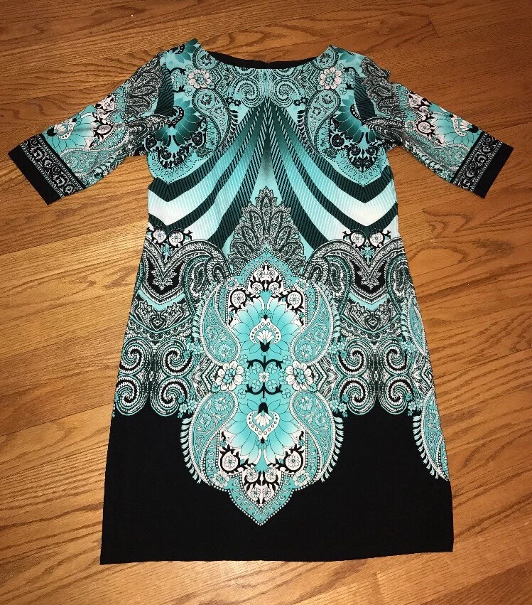 Sexy Vestido SANDRA DARREN Paisley Turquesa Como Nuevo Negro Spandex Para Mujer Talla 10 # Foto 2 de 4