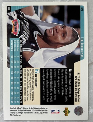 1997 Upper Deck Collectors choice Tim Duncan Rookie Card #323 | eBay