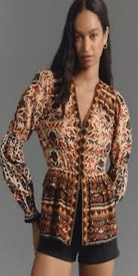 Farm Rio x Anthropologie Long-Sleeve V-Neck Printed Blouse