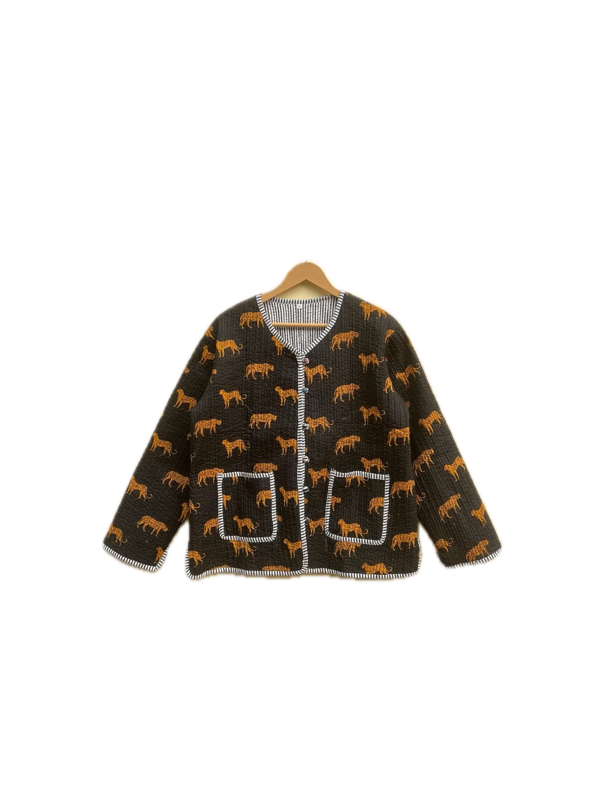 Indian Black Tiger Print Cotton Quilted Unisex Jacket Women's Clothing Jacket US