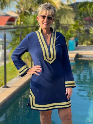 CABANA LIFE Essentials Navy/Gold Trim Metallic Terry Tunic Dress Size XS UPF 50+