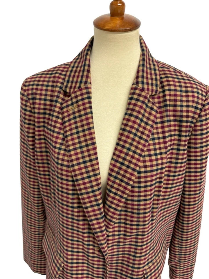 Blazer Merona para mujer color borgoña y marrón a cuadros de guinga con cuello abotonado talla 18 Foto 2 de 4