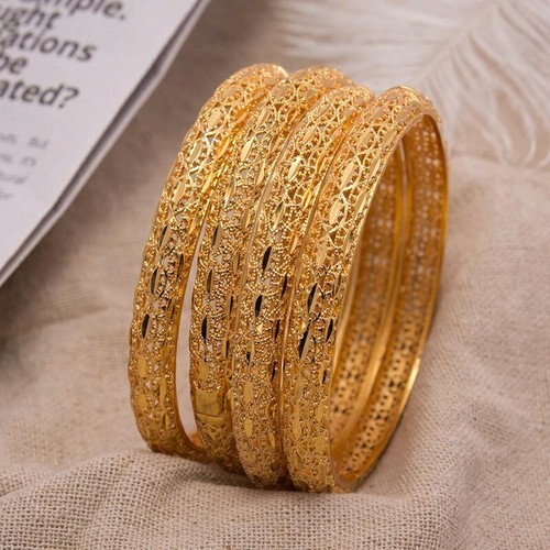 4/Pc 24k Dubai Gold Plated Bangles Set Clasp Opening Indian Bridal Bracelet 2.4 - Picture 3 of 6