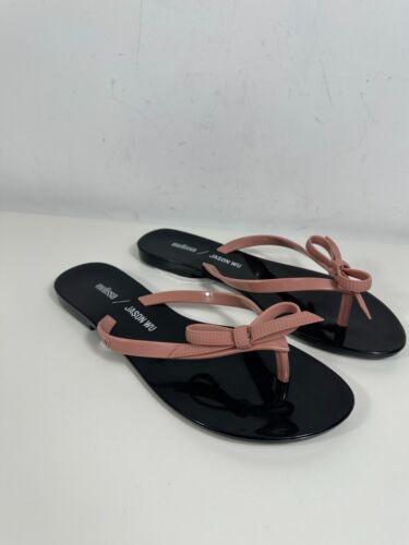 Melissa + Jason Wu Harmonic V Bow Flip Flop Sandals Black and Pink Size 7 - Picture 2 of 12