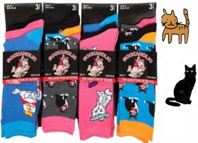 Socken Damen Frauen Tier Haustier Kätzchen Katze Druck Alltag Design UK Größe 4-7