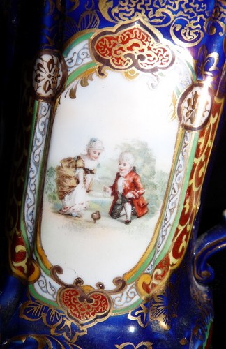 STUNNING Antique Hand Painted CHOCOLATE POT Cobalt Blue With Children Flowers - Picture 9 of 10