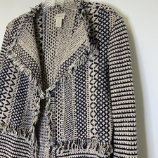 CHICOS Women  s Size 1 M/8 Pink Blue Tweed BOUCLE Fringe Blazer Jacket 008