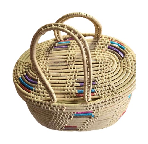Woven Straw Basket with Lid & Handles Colorful Boho Trinket Storage