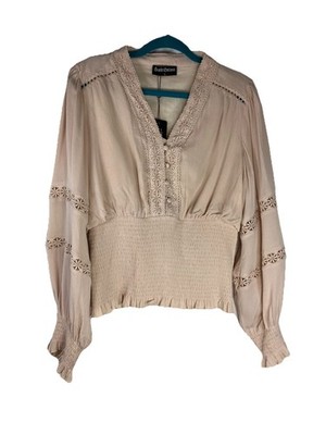 NWT Scarlet Darkness Renaissance Women s Beige Blouse Shirred Bottom Lace VNeck