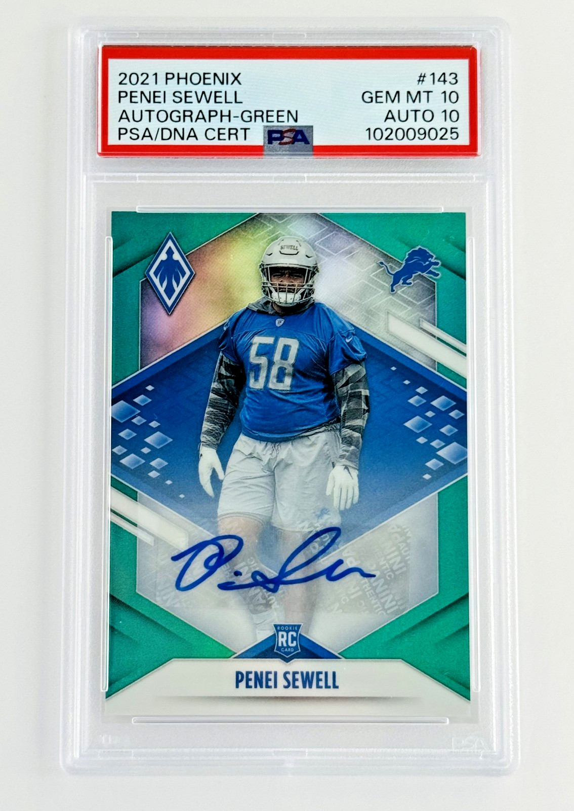 2021 Phoenix Penei Sewell Rookie Auto Green 10/10 Lions RC PSA 10 Auto 10 POP 1