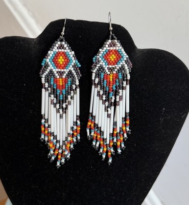 Native American Tribal Seed Bead Beaded Earrings Fringe Tassel Extra Long E2