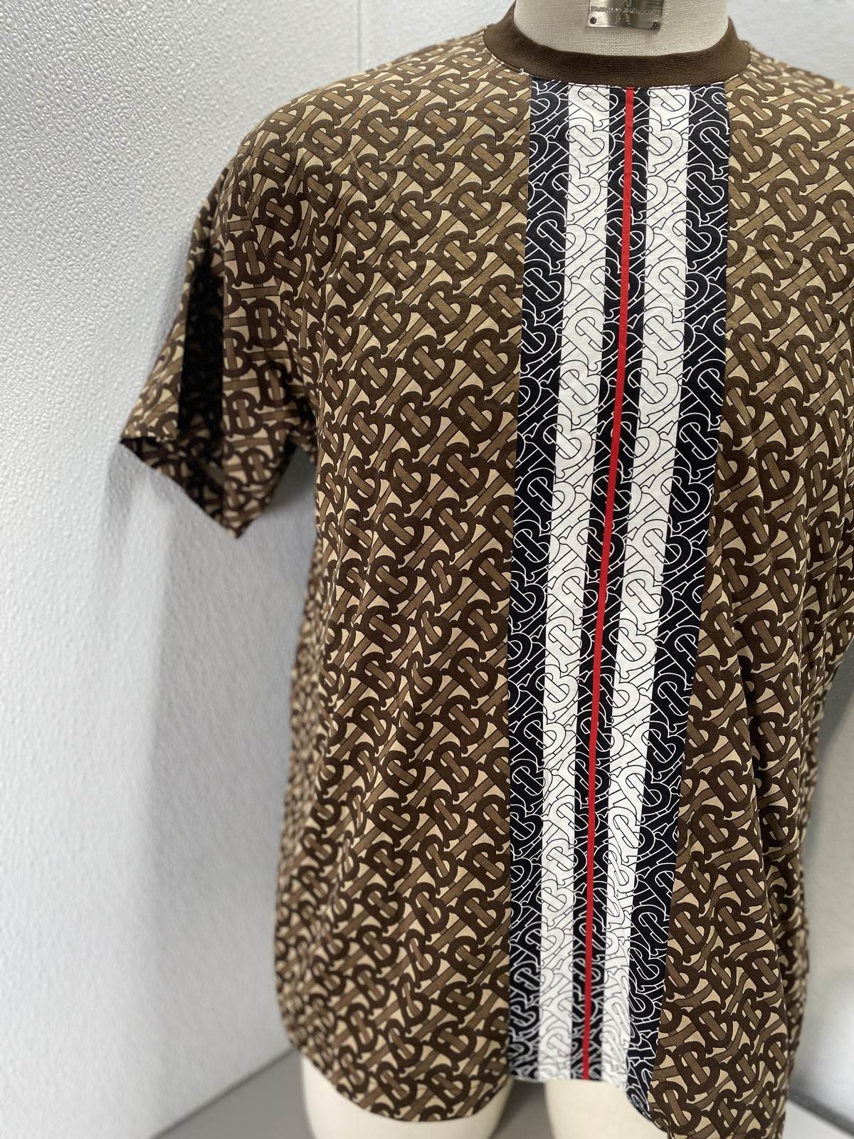 Burberry Mens Monogram Stripe Short Sleeve T-Shirt Size M Bridle Brown Pattern thumbnail 4