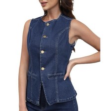 Women's Vintage Button Down Denim Tank Top Split Hem Sleeveless Vests Medium