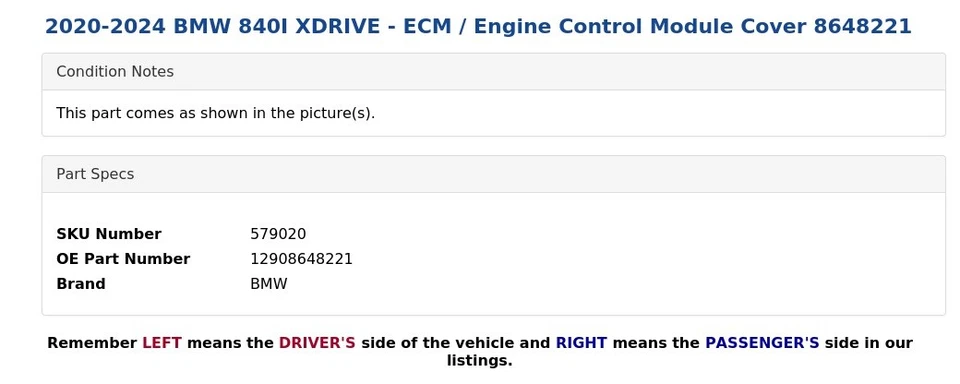 BMW 840I XDRIVE 2020-2024 - ECM / Cubierta del módulo de control del motor 8648221 Foto 4 de 4