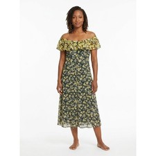 Zara Black Yellow Floral Ruffle Off the Shoulder Midi Dress Women Size XS