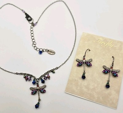 Dragonfly Silver Necklace Set by FIREFLY Iridescent Purple Turquoise Crystals