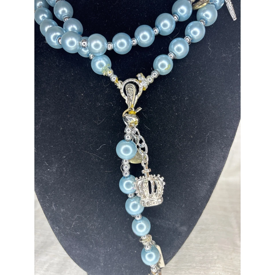 Collar Rosario Religioso Perla Azul Dije Acentos Madre Oración Corona Cruz Ángel Foto 4 de 4