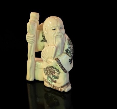 Vintage Japanese Netsuke Elder with Staff, highly detailed