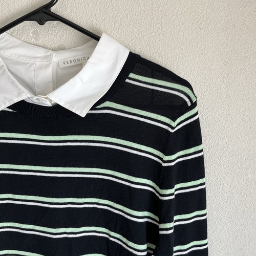 VERONICA BEARD Medium Black White Striped Academia Button Back Sweater Shirt - Picture 5 of 12