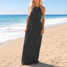 C&C California Black Halter Blouson Flowy Beachy Full Skirt Maxi Dress M