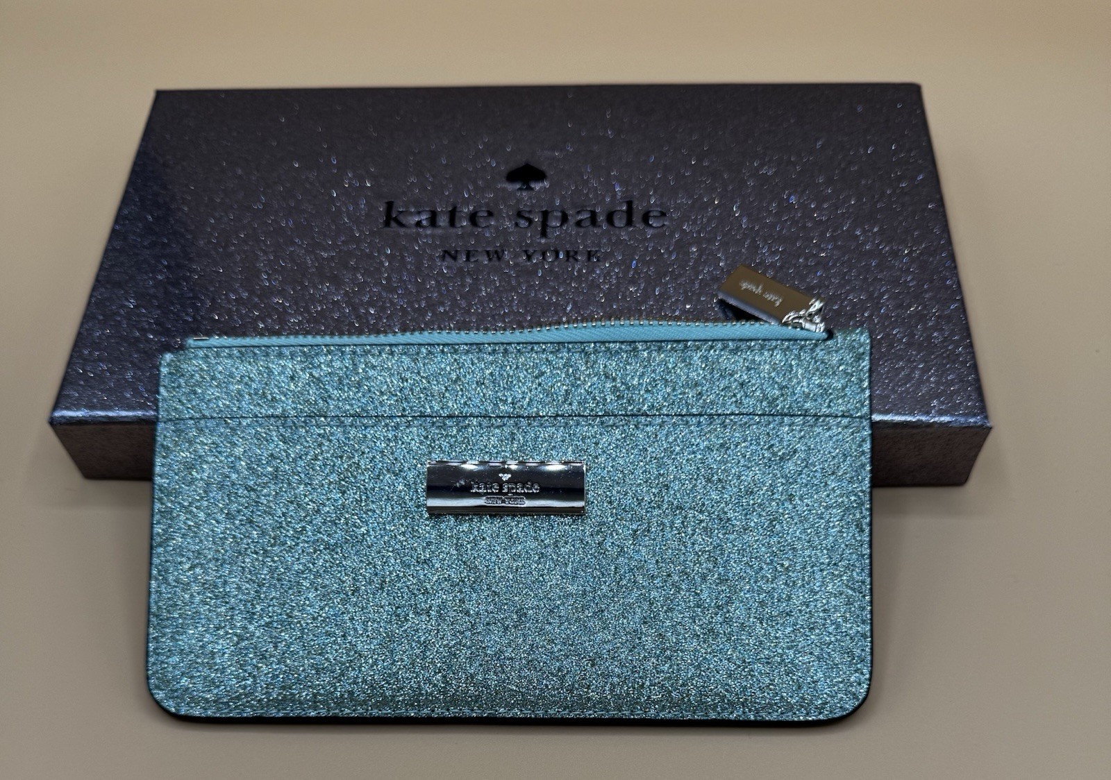 Kate Spade Kenzie Boxed Glitter Large Slim Card Holder Seawater Green NIB